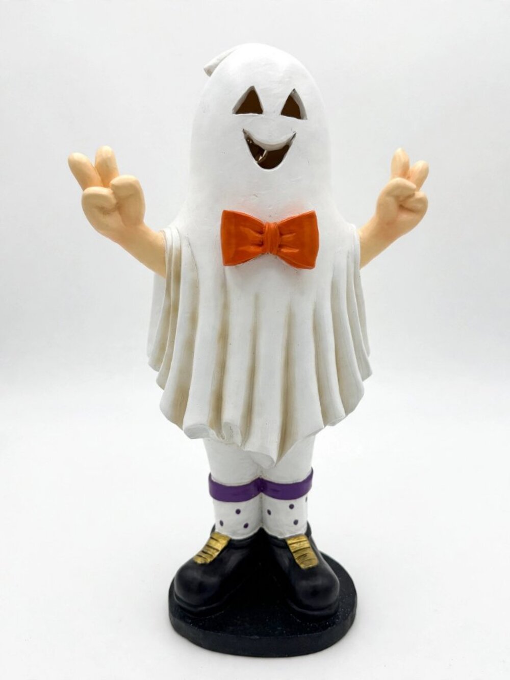 Light-Up Halloween Ghost Figurine 19" – Orange Bow Tie Peace Signs LED Decor